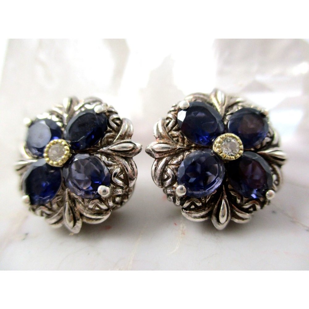 Barbara Bixby 925 Silver 18K Gold Iolite Gemstone Flower Button Clip Earrings